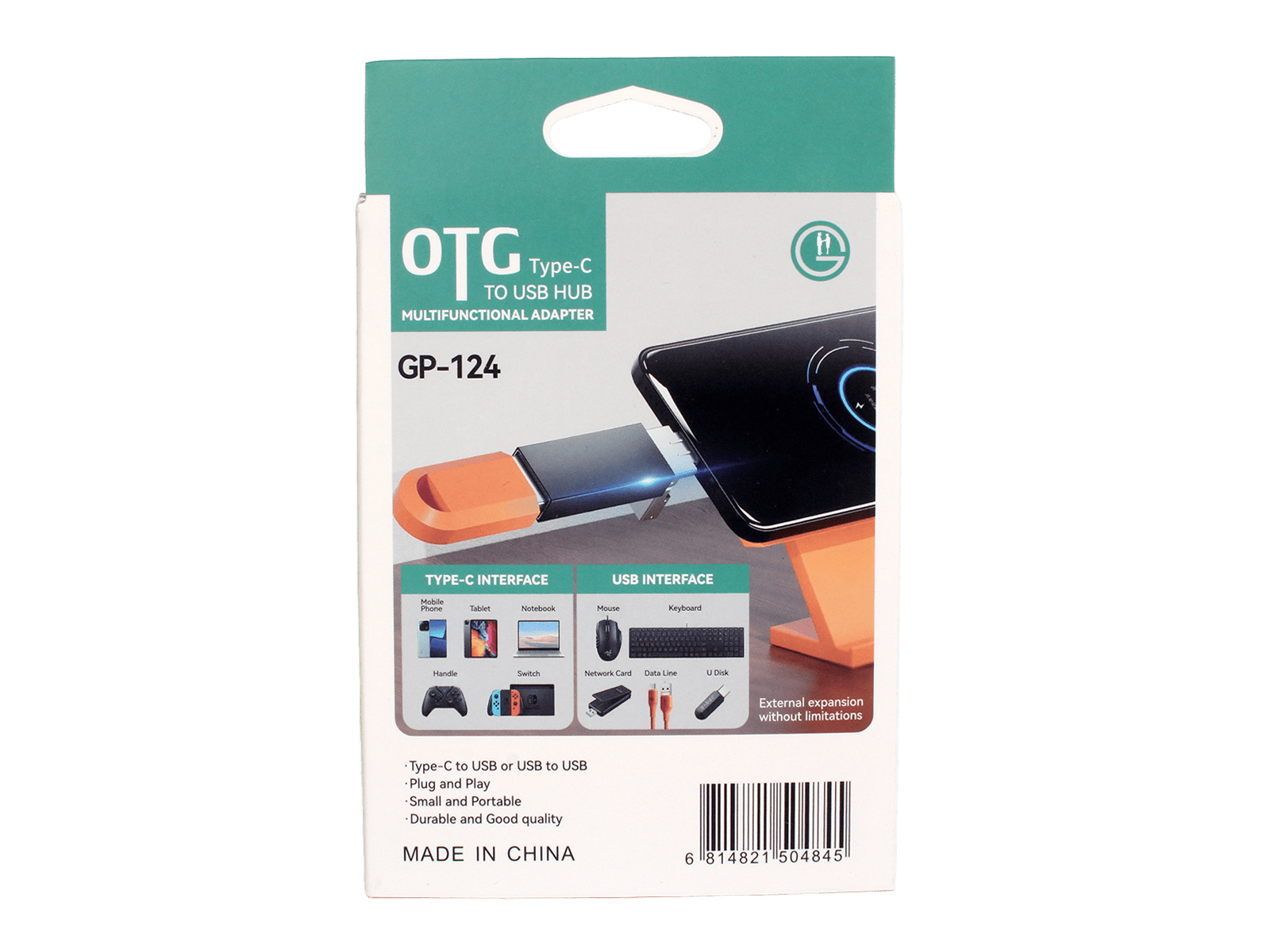 Адаптер переходник OTG GP-124, USB-Type-C 6A, быстрая зарядка (Quick Charge/PD), цвет черный