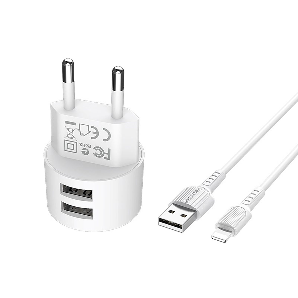 BOROFONE BA23A Brilliant, сетевое зарядное устройство с двумя USB портами и с кабелем APPLE Lightning 8-pin, цвет белый