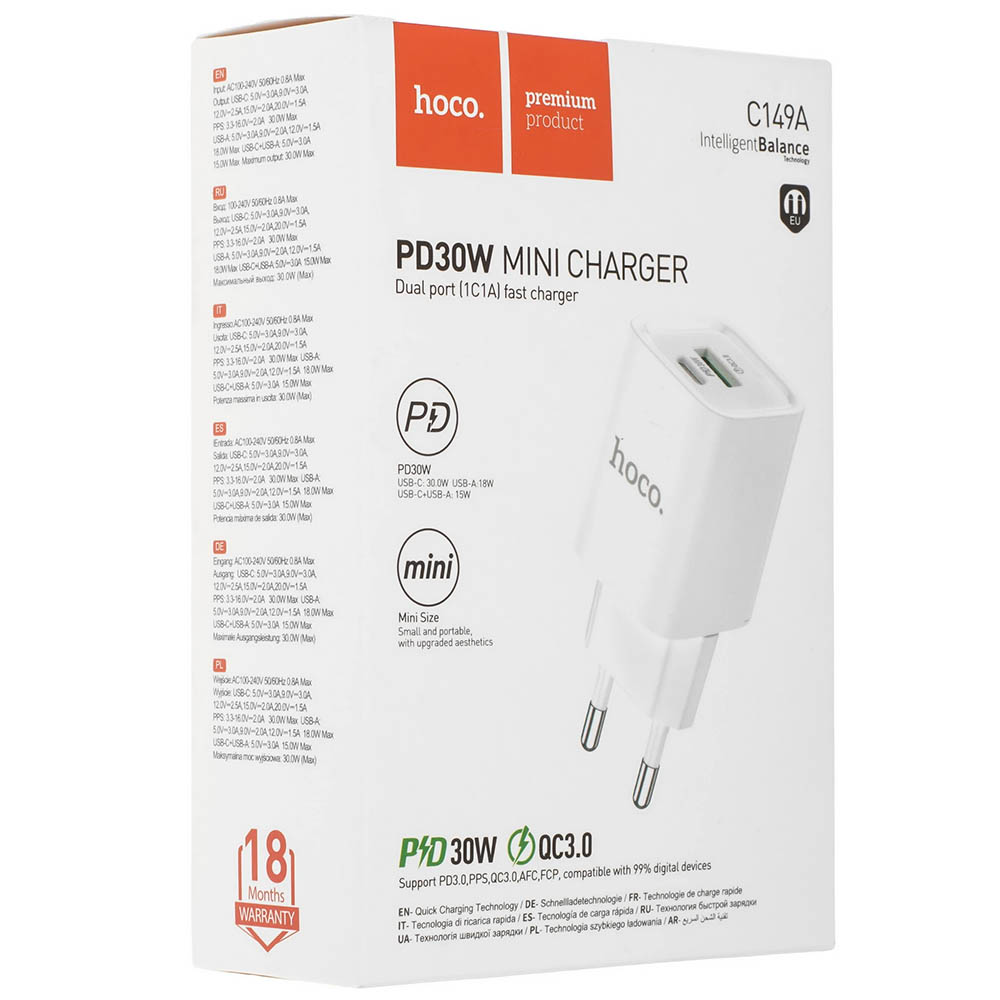 СЗУ (Сетевое зарядное устройство) HOCO C149A Charm, 30W, 1 USB Type C, 1 USB, PD30W, QC3.0, цвет белый