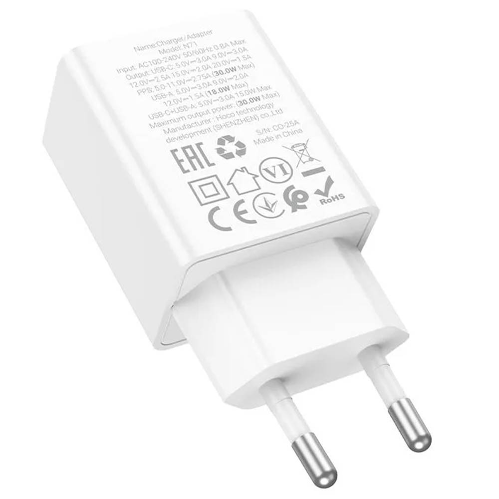 СЗУ (Сетевое зарядное устройство) HOCO N71 Nuevo, 1 USB Type C, 1 USB A, PD30W, QC3.0, цвет белый