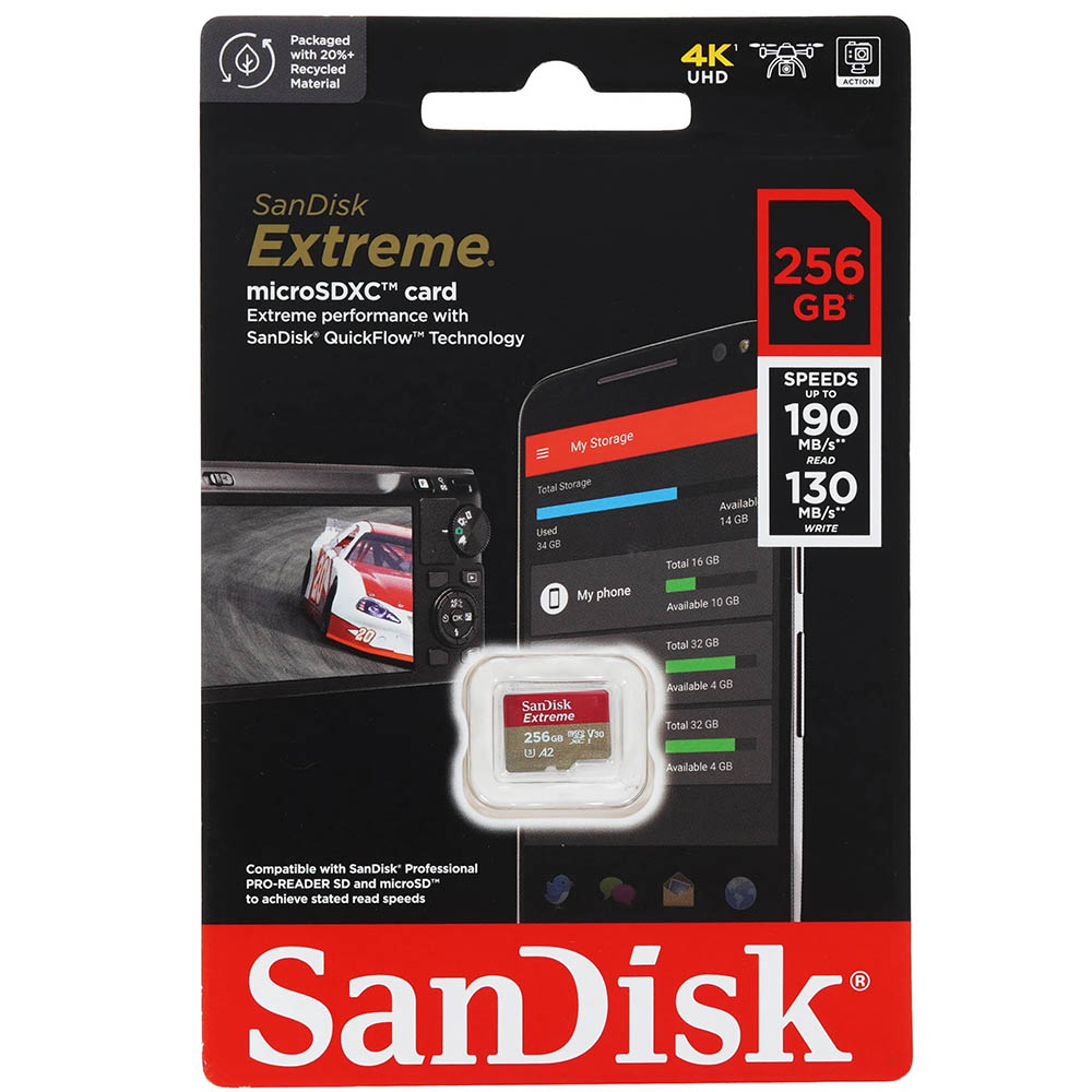Карта памяти MicroSDXC 256GB SANDISK Extreme, Class 10 A2 UHS-I (U3) V30, 190 МБ/сек, цвет желто красный