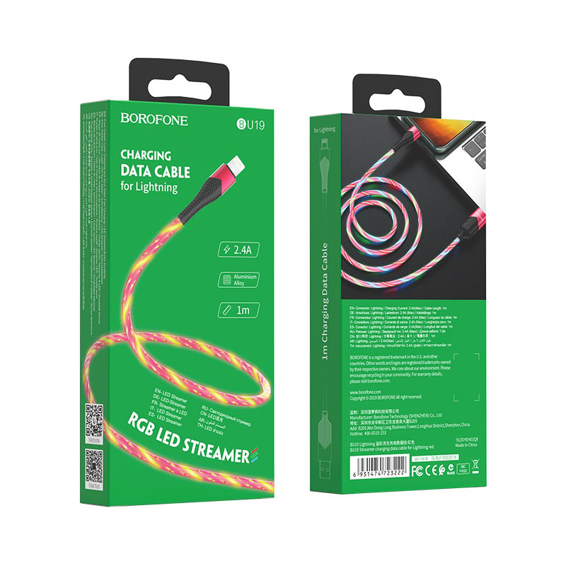 Кабель BOROFONE BU19 Streamer APPLE Lightning 8 pin, 3A, длина 1 метр, цвет красный