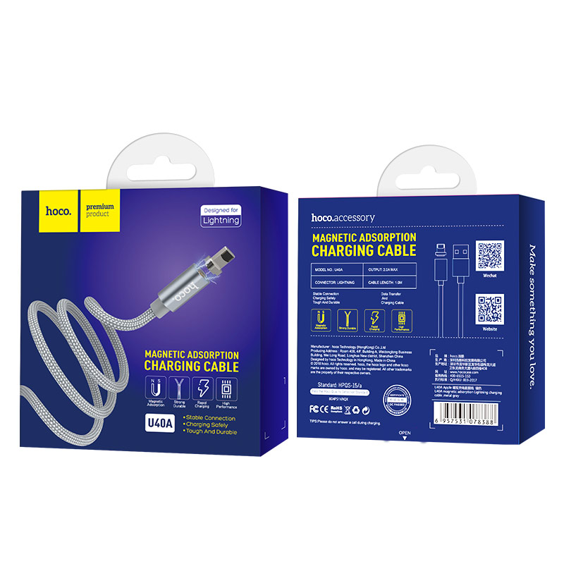 HOCO U40A магнитный кабель-USB magnetic adsorption Lightning 8-pin, 1.2 метра, цвет графитовый металл | Последняя цена