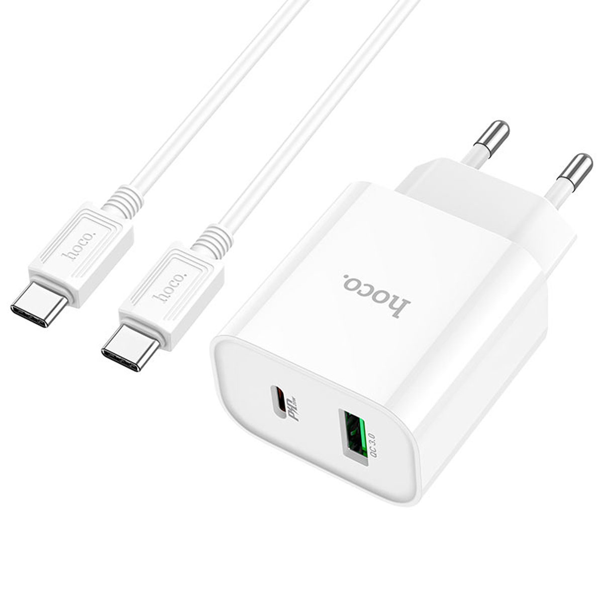 СЗУ (Сетевое зарядное устройство) HOCO C80A Plus Rapido с кабелем USB Type C на USB Type C, 20W, 1 USB Type C, 1 USB, QC3.0, PD20W, длина 1 метр, цвет белый