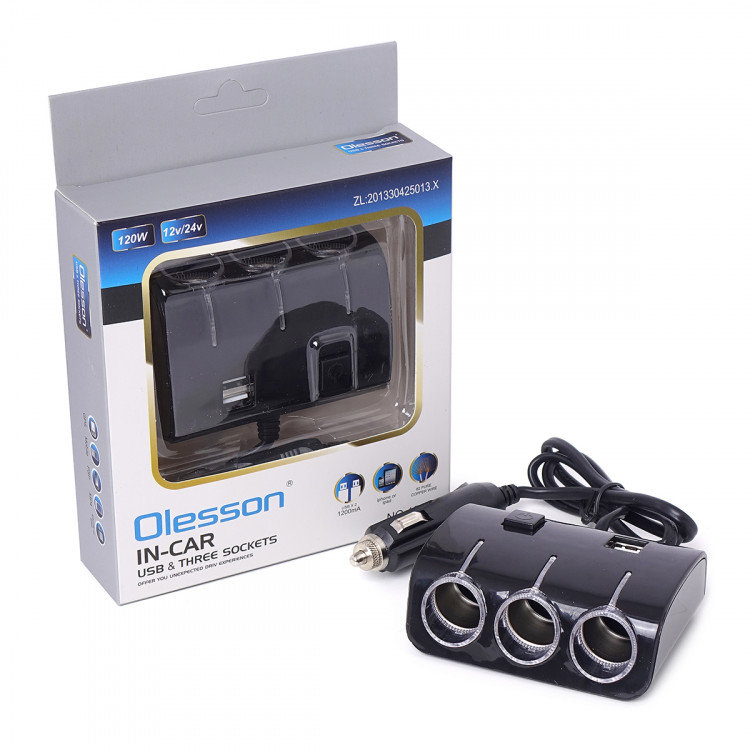 Автомобильный разветвитель OLESSON 1505, 120W, 12/24V, 3 выхода, 2 USB входа, кнопка выключения, цвет черный