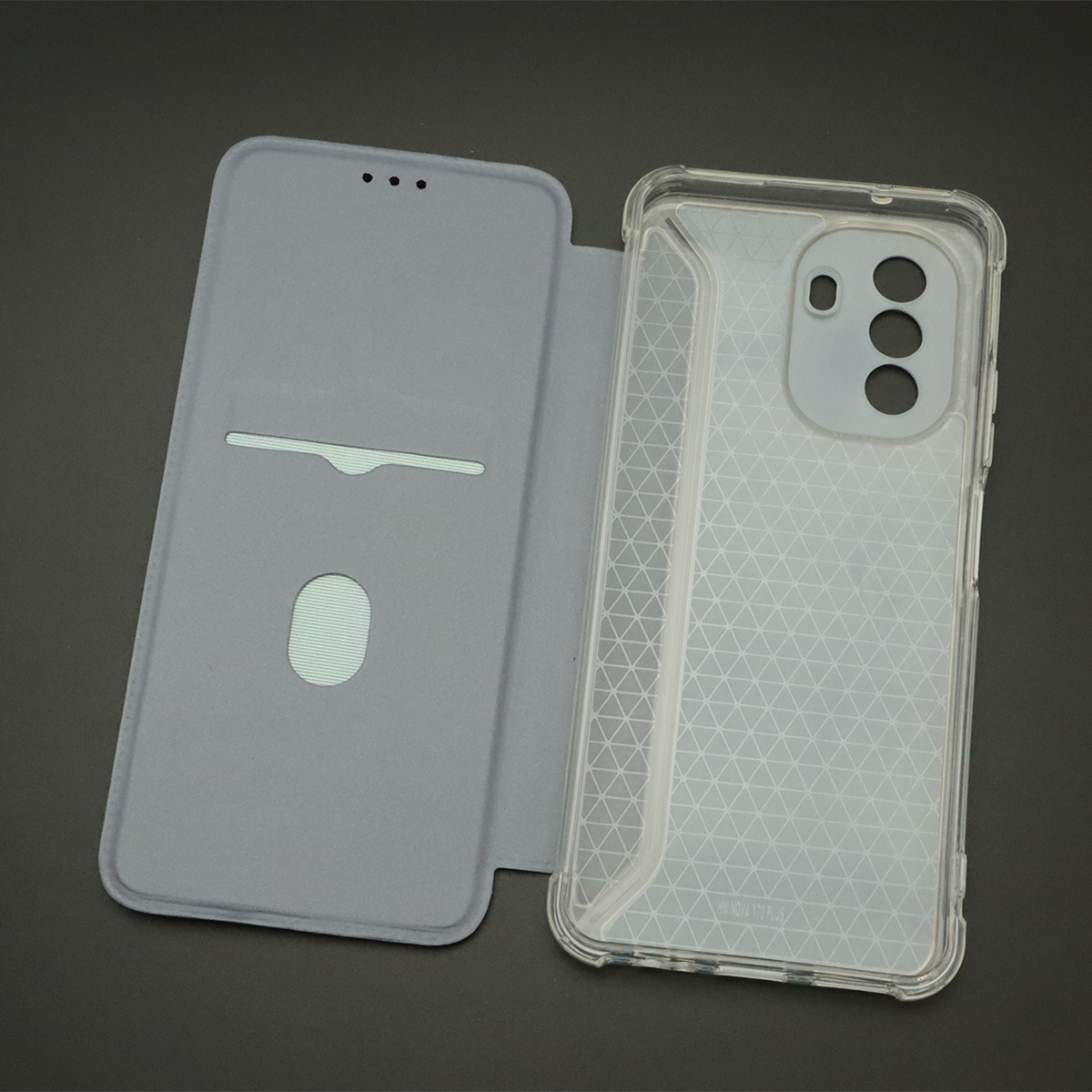 Чехол книжка для HUAWEI Nova Y70, экокожа, визитница, цвет темно серебристый