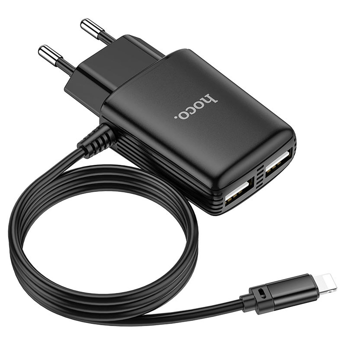 СЗУ (Сетевое зарядное устройство) HOCO C82A Real power со встроенным кабелем Lightning 8 pin, 2.4A, 2 USB, длина 1 метр, цвет черный | Распродажа по 390