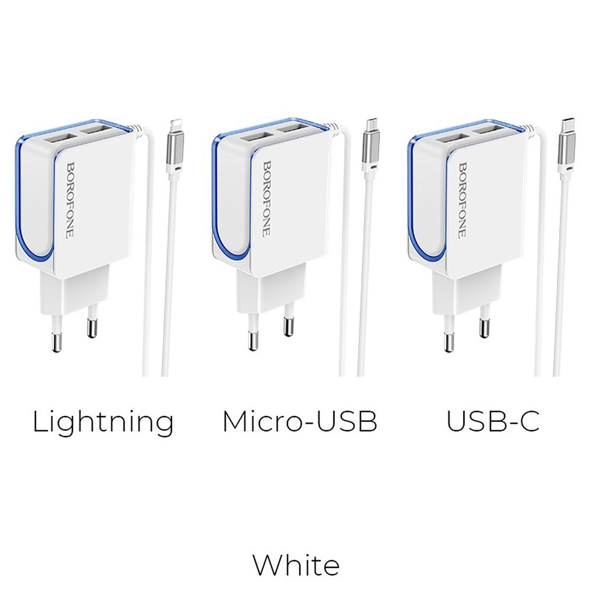 BOROFONE BA35A Brilliant, сетевое зарядное устройство с двумя USB портами, встроенный кабель APPLE Lightning 8-pin, ток 2.1A, цвет белый (распродажа -50%)