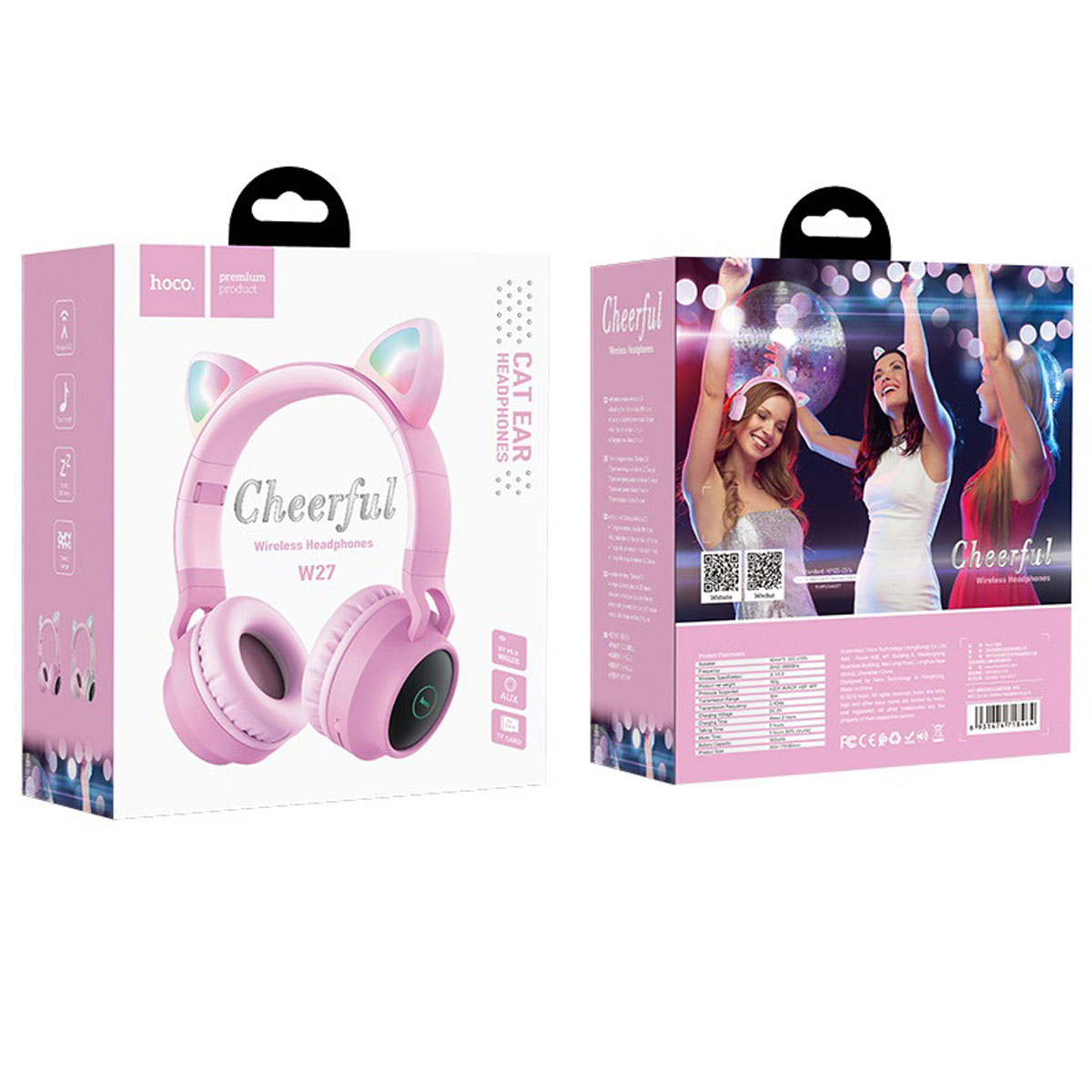 Гарнитура (наушники с микрофоном) беспроводная, полноразмерная, HOCO W27 CAT EAR, RGB подсветка, цвет розовый