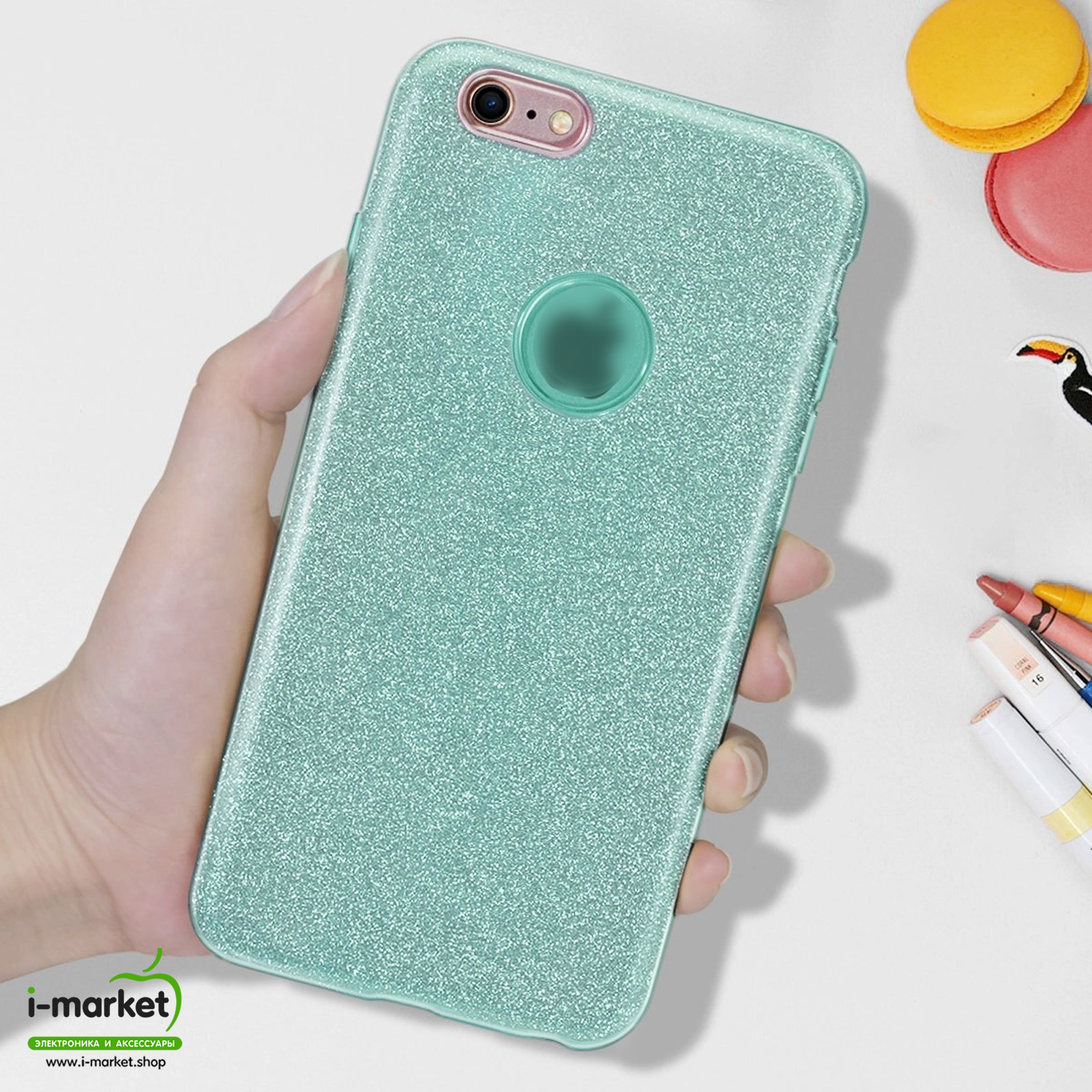 Чехол накладка Shine для APPLE iPhone 7, iPhone 8, силикон, блестки, цвет зеленый