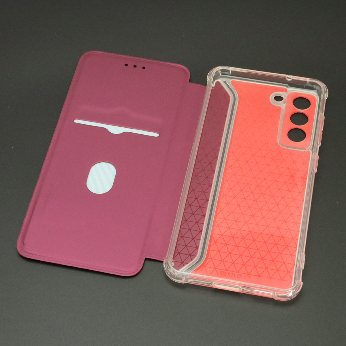 Чехол книжка для SAMSUNG Galaxy S21 FE (SM-G990B), экокожа, визитница, цвет бордовый