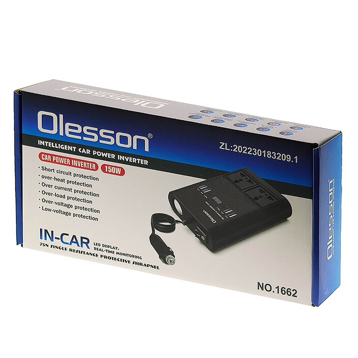 Автомобильный разветвитель (Инвертор) OLESSON 1662, 150W 12/24V, цвет черный