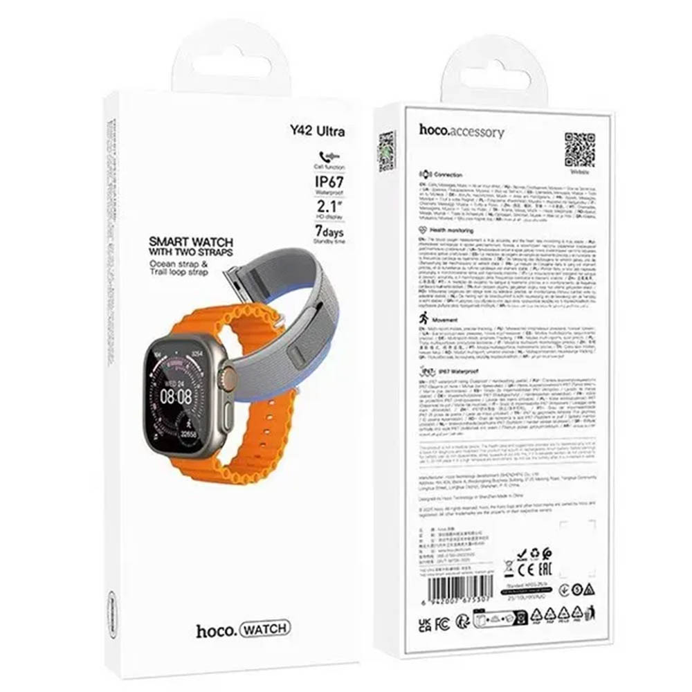 Смарт часы HOCO Y42 Ultra Smart Watch (Call Version), дисплей 2.1", IP67, 2 ремешка, цвет золотистый