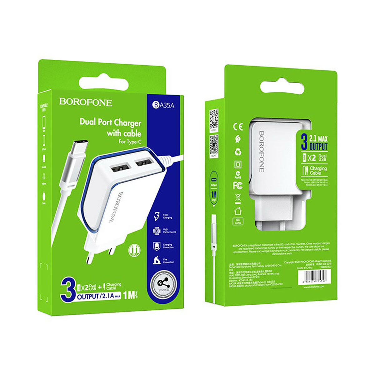 BOROFONE BA35A Brilliant, сетевое зарядное устройство с двумя USB портами, встроенный кабель Type-C, ток 2.1A, цвет белый.