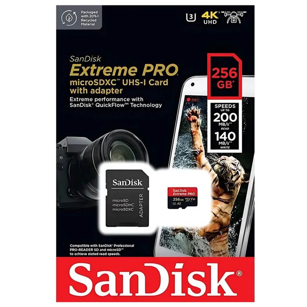Карта памяти MicroSDXC 256GB SANDISK Extreme Pro Class 10 A2 UHS-I (U3) V30, 200 МБ/сек, цвет черно красный