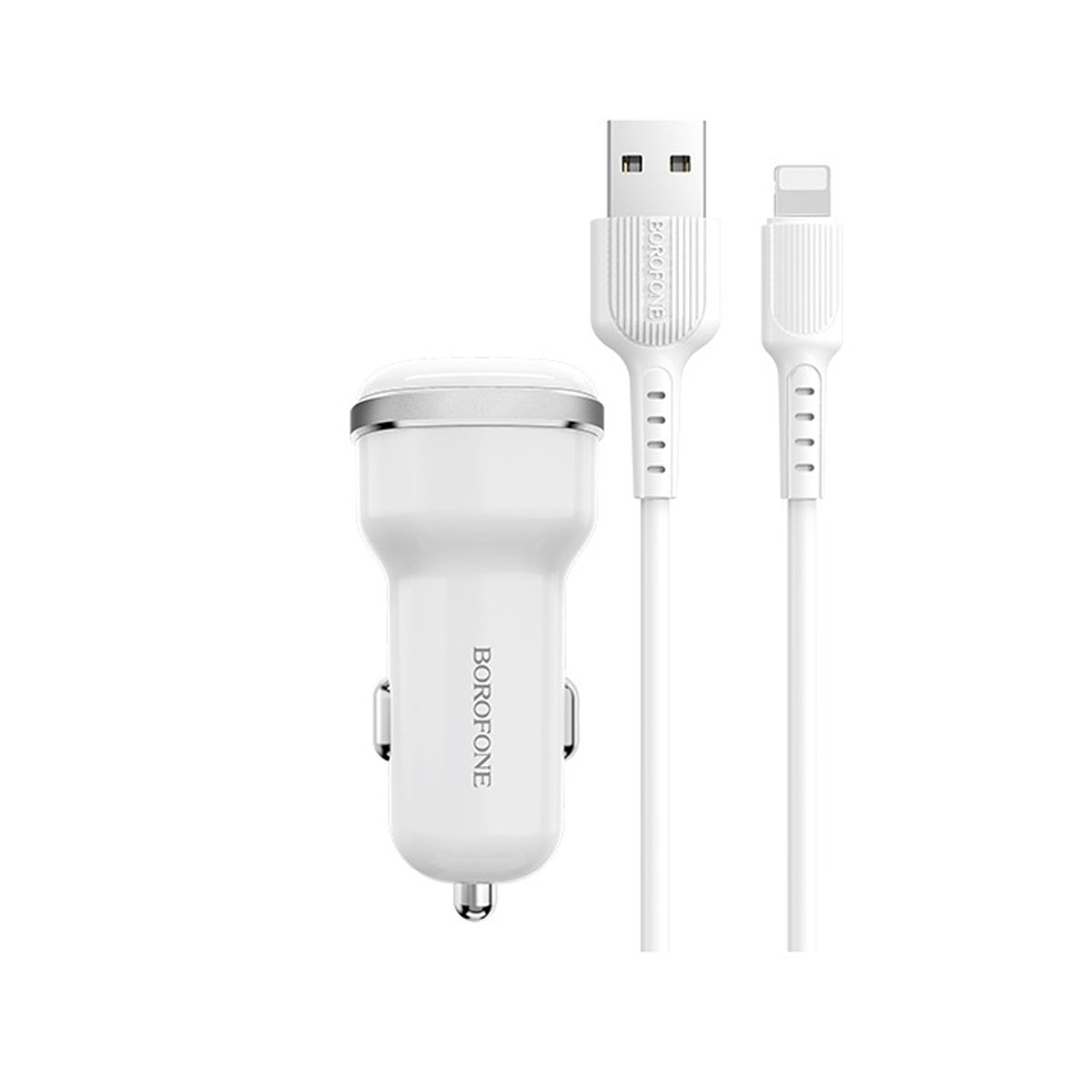 АЗУ (Автомобильное зарядное устройство) BOROFONE BZ13 Extreme с Lightning 8 pin, 2 USB, 2.4A, длина 1 метр, цвет белый