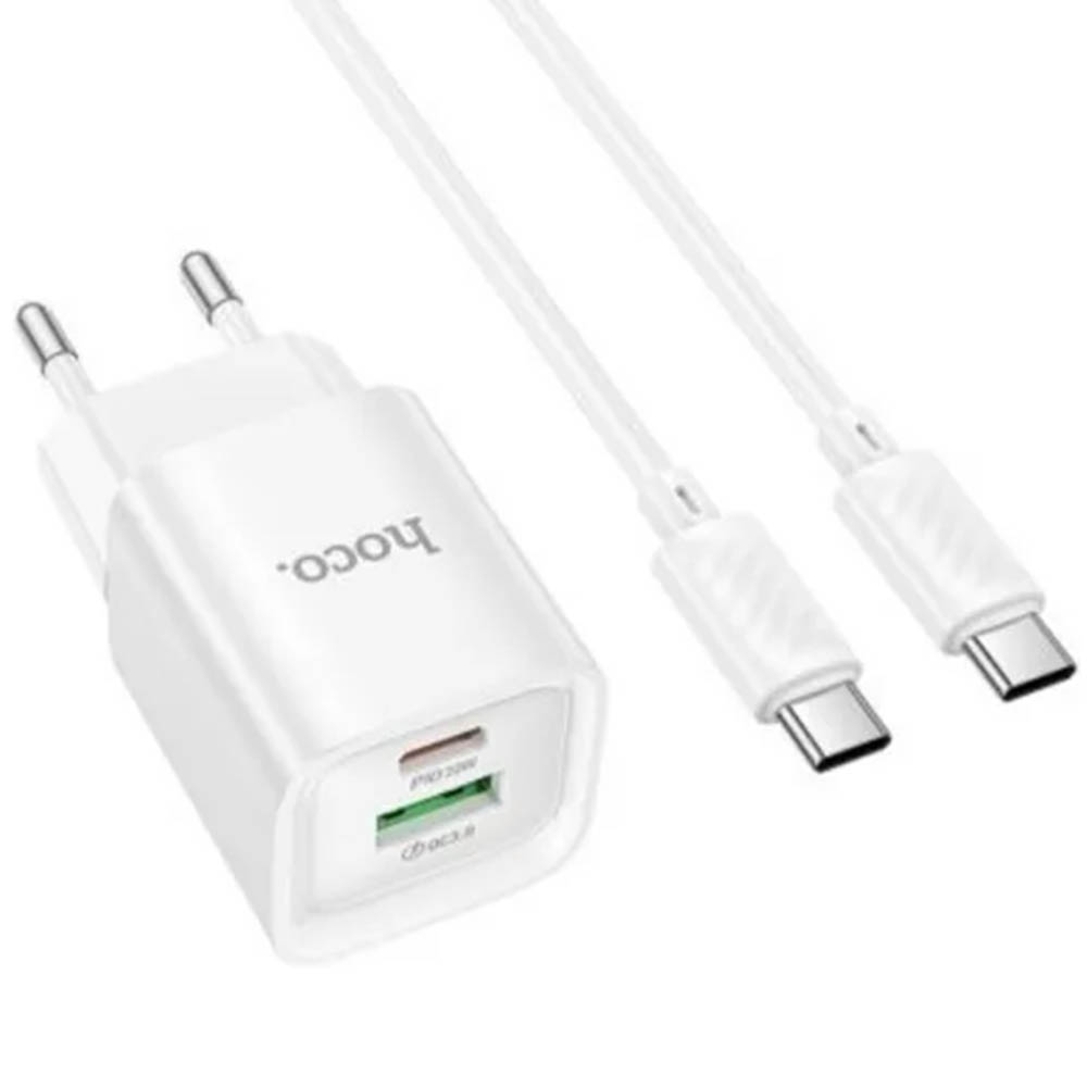 СЗУ (Сетевое зарядное устройство) с кабелем Type C на Type C HOCO C147A, 1 USB 18W, 1 USB Type C 20W, PD20W, QC3.0, длина кабеля 1 метр, цвет белый