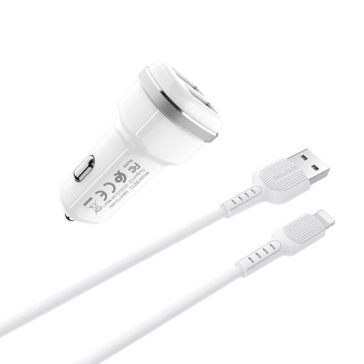 АЗУ (Автомобильное зарядное устройство) BOROFONE BZ13 Extreme с Lightning 8 pin, 2 USB, 2.4A, длина 1 метр, цвет белый