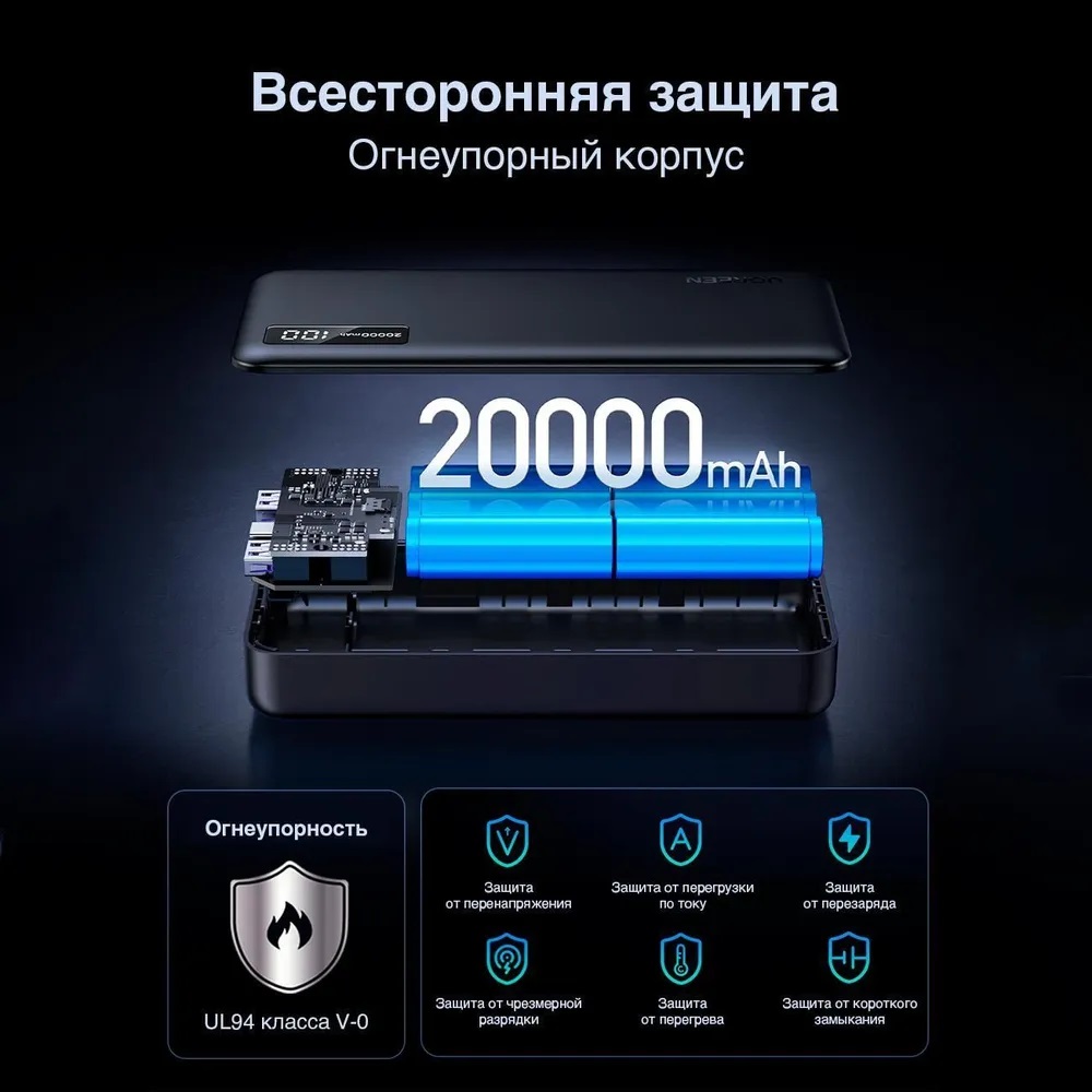 Внешний портативный аккумулятор, Power Bank UGREEN PB312, 20000 mAh, 22.5W, PD20W, LED дисплей, цвет черный