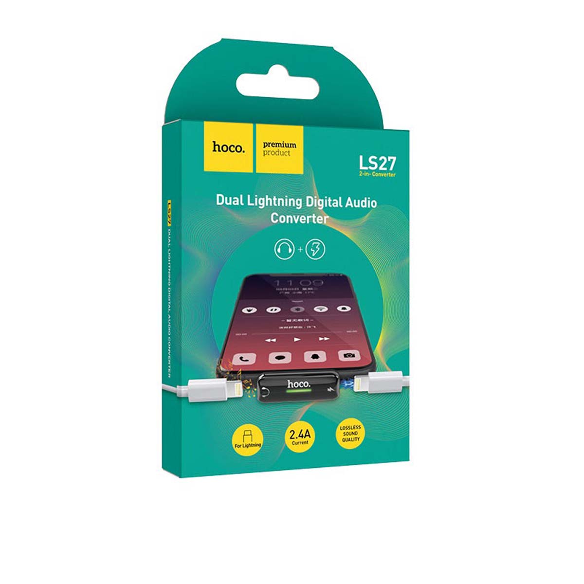 Цифровой аудио конвертер, переходник, HOCO LS27 APPLE Lightning 8 pin на 2 APPLE Lightning 8 pin, цвет черно серый