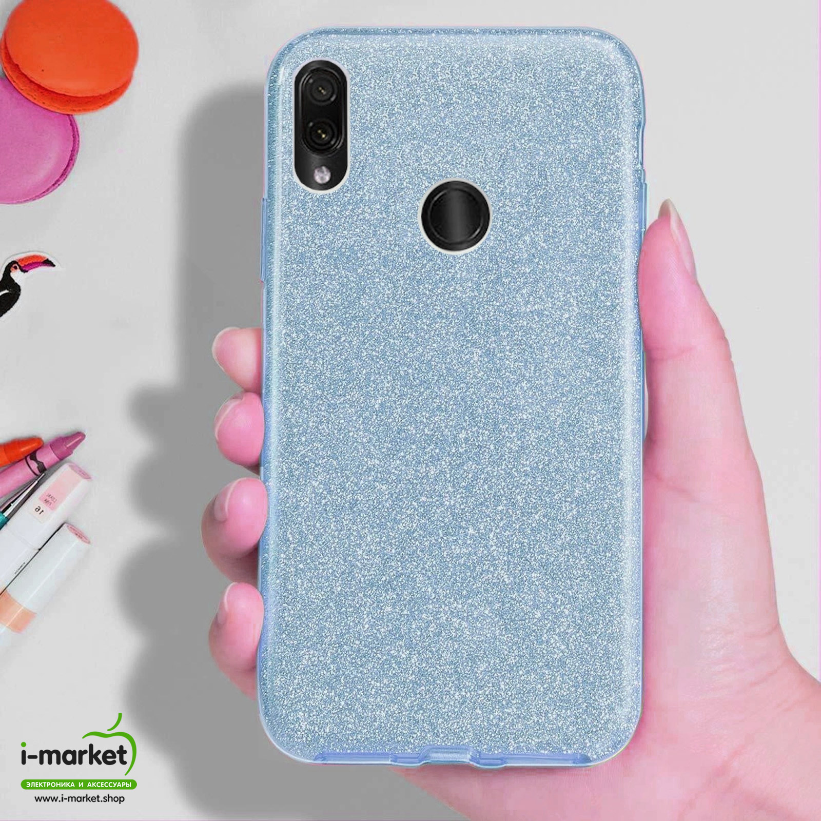 Чехол накладка Shine для XIAOMI Redmi Note 7, Redmi Note 7 Pro, силикон, блестки, цвет голубой