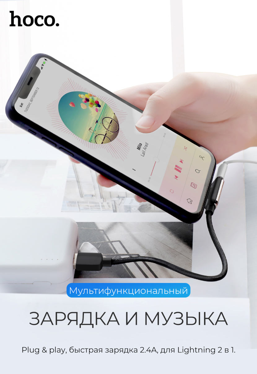 HOCO LS28 аудио конверсионный кабель для Apple Lightning 8-pin, LED индикация заряда, цвет графитовый.