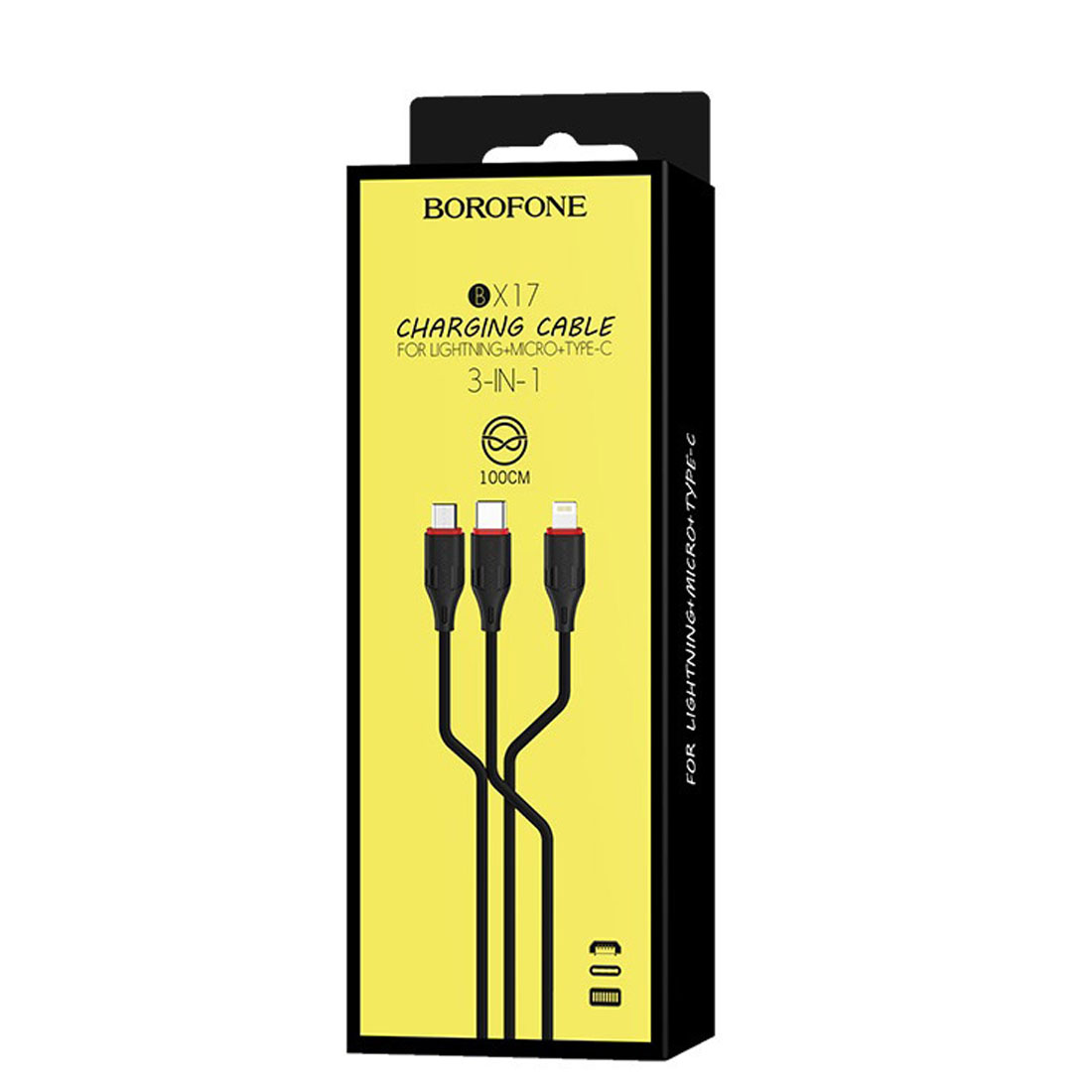 Кабель BOROFONE BX17 Enjoy 3 в 1 USB на Lightning 8 pin, Micro USB, длина 1 метр, цвет черный