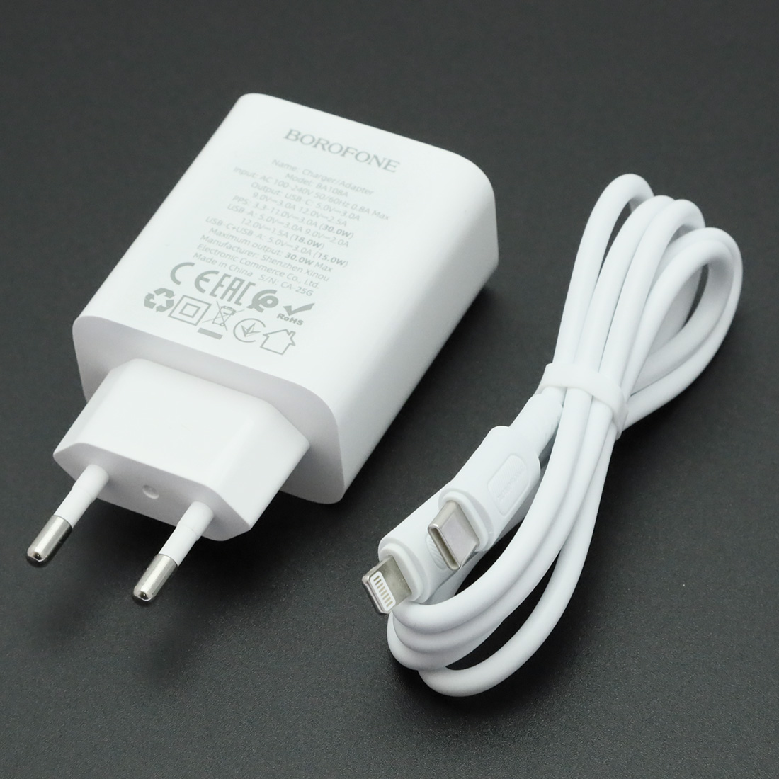 СЗУ (Сетевое зарядное устройство) BOROFONE BA108A Stellar с кабелем USB Type C на Lightning 8 pin, 30W, 1 USB A, 1 USB Type C, PD30W, QC3.0, длина 1 метр, цвет белый