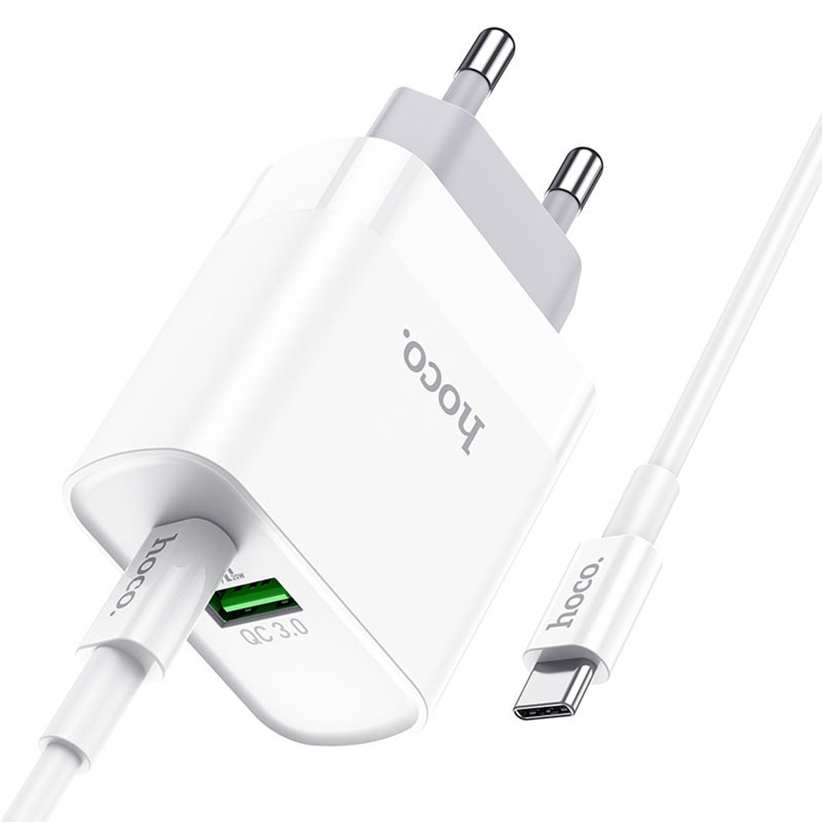 СЗУ (Сетевое зарядное устройство) HOCO C80A Rapido с кабелем USB Type C на USB Type C, 20W, 1 USB Type C, 1 USB, QC3.0, PD20W, длина 1 метр, цвет белый