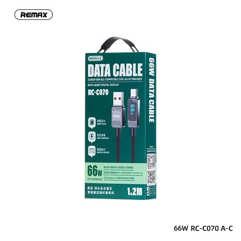 Кабель REMAX RC-C070 USB Type C, 66W, 6A, длина 1.2 метра, Led дисплей, цвет черный
