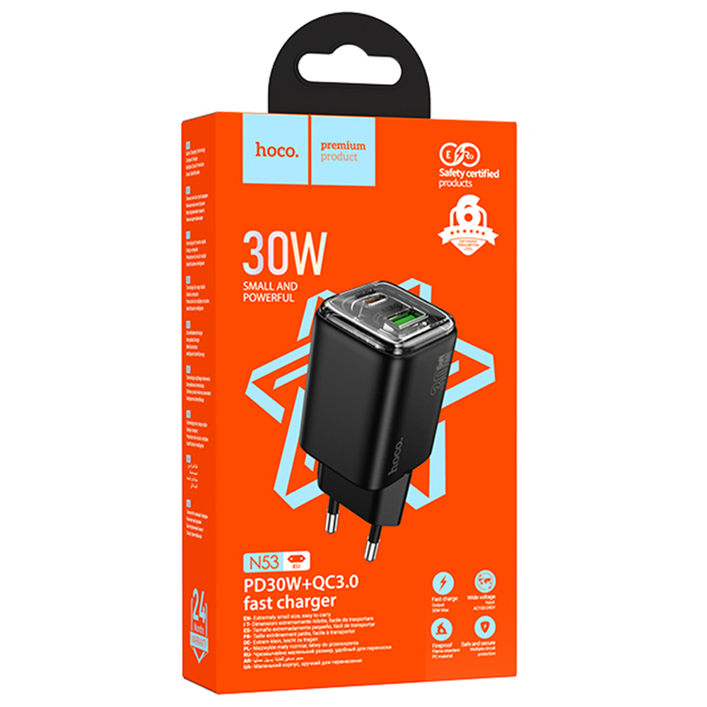 СЗУ (Сетевое зарядное устройство) HOCO N53, 1 Type C, 1 USB, PD30W, QC3.0, цвет черный