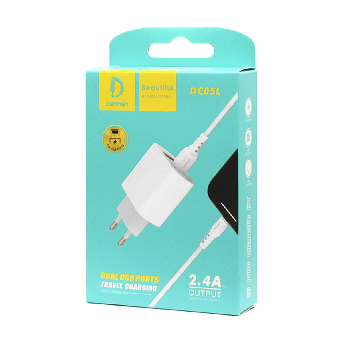 СЗУ (Сетевое зарядное устройство) DENMEN DC05L, 2.4A, 2 USB, кабель Lightning 8 pin, цвет белый