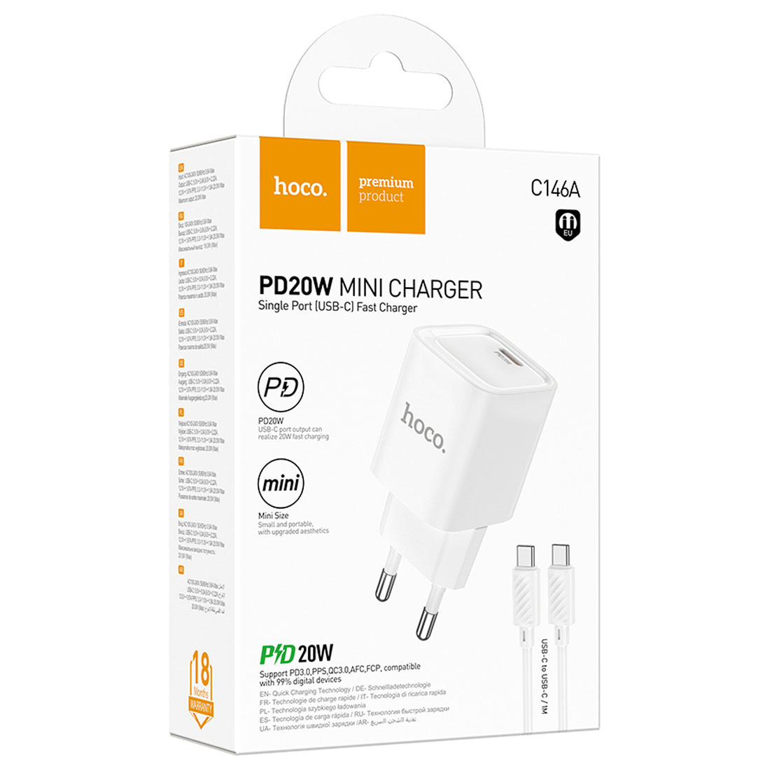 СЗУ (Сетевое зарядное устройство) HOCO C146A Charm с кабелем USB Type C на USB Type C, 20W, 1 USB Type C, PD20W, длина 1 метр, цвет белый