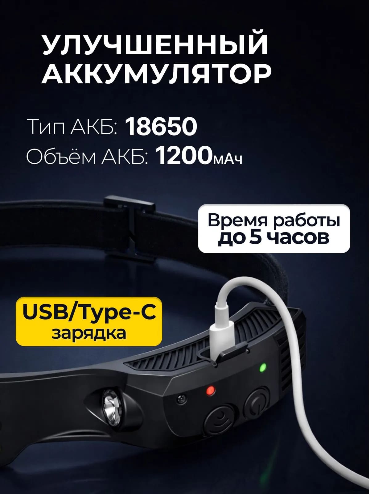 Фонарь налобный аккумуляторный, светодиодный, управление жестами, угол освещения 270º, тип АКБ 18650 (1200mAh), разъем зарядки Type-c, цвет черный