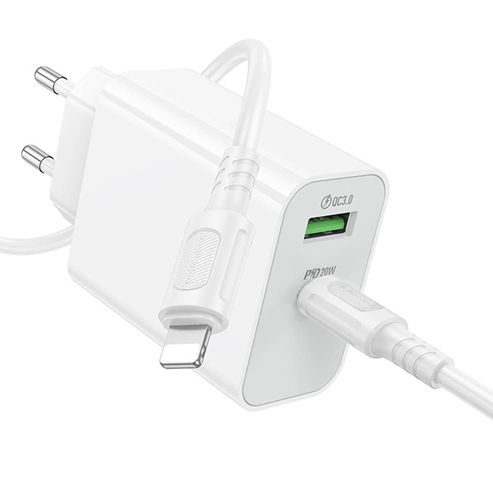 СЗУ (Сетевое зарядное устройство) c кабелем Type C на Lightning 8 pin BOROFONE BA106A Stellar, 20W, 1 USB A 18W, 1 USB Type C 20W, PD20W, QC3.0, цвет белый