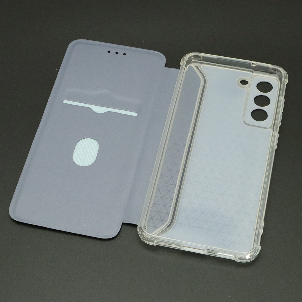 Чехол книжка для SAMSUNG Galaxy S21 FE (SM-G990B), экокожа, визитница, цвет темно серебристый