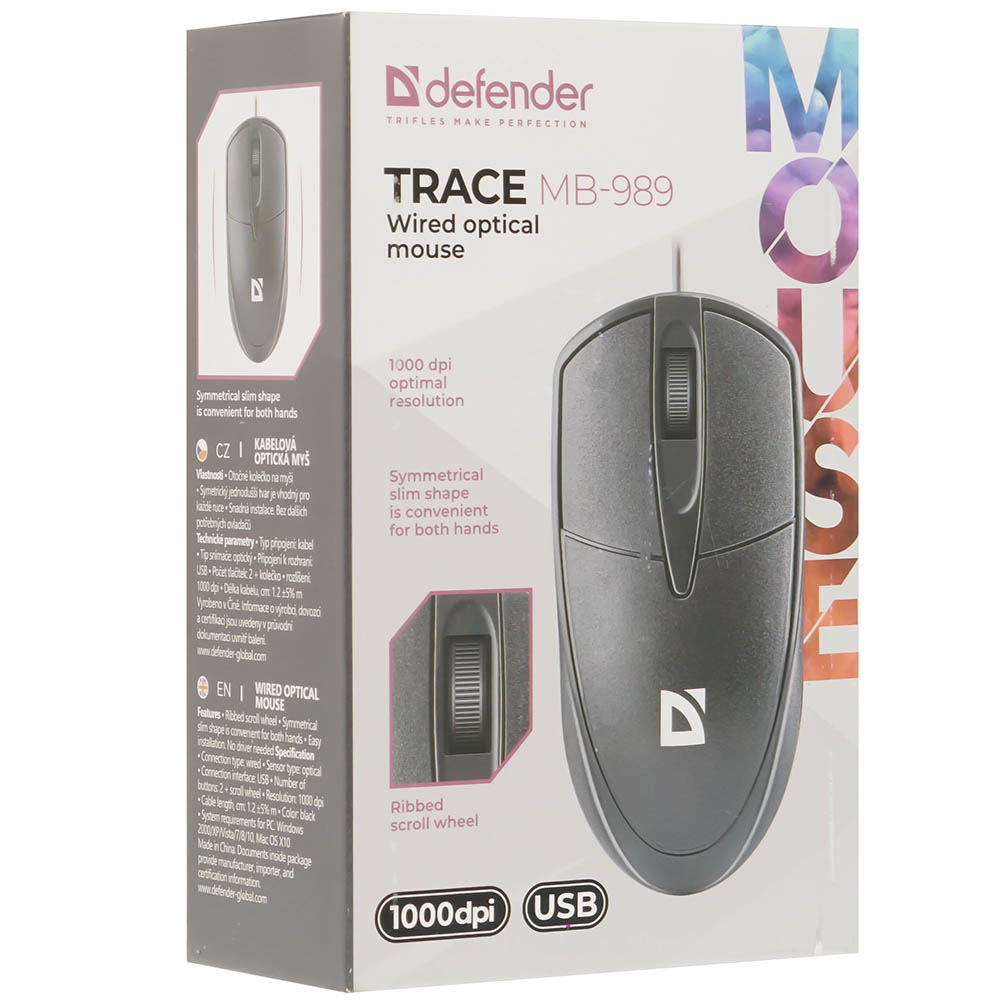 Мышь проводная DEFENDER Trace MB-989, 1000 dpi, оптическая, USB, цвет черный