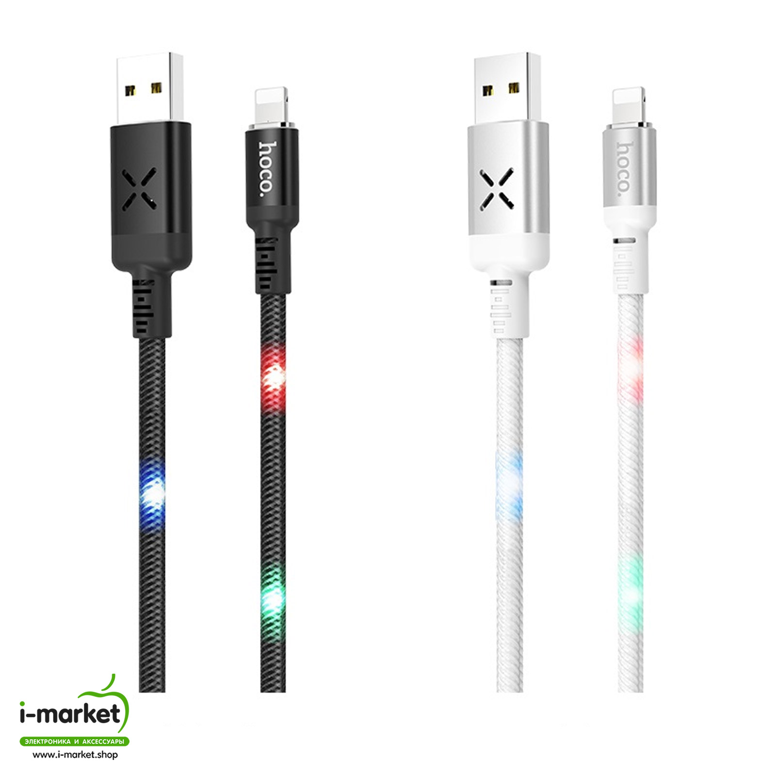 HOCO U63 Spirit кабель APPLE Lightning 8-pin, LED подсветка от звука, 1.2 метра, цвет белый.