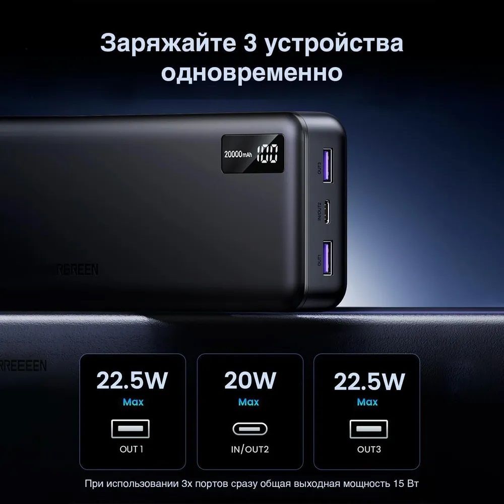 Внешний портативный аккумулятор, Power Bank UGREEN PB312, 20000 mAh, 22.5W, PD20W, LED дисплей, цвет черный