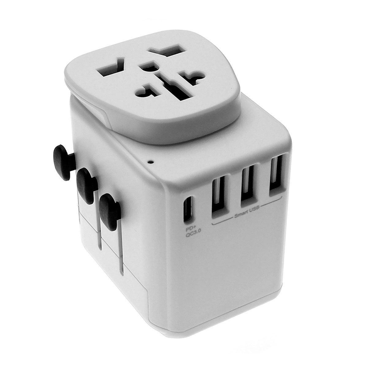 УСЗУ (универсальное сетевое зарядное устройство) / Travel Adapter / переходник TA901F на AUS (Китайскую, Австралийскую), EU (Европейскую), US (Американскую), UK (Английскую) вилку для путешествий с 4 USB портами на 2.4А, 25W 5V/5A, цвет белый.
