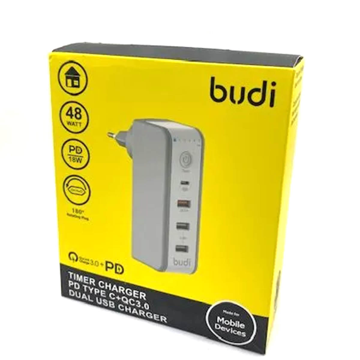 СЗУ (Сетевое зарядное устройство) BUDI M8J301TE, 3 USB, 1 Type-C, таймер отключения, цвет бежевый