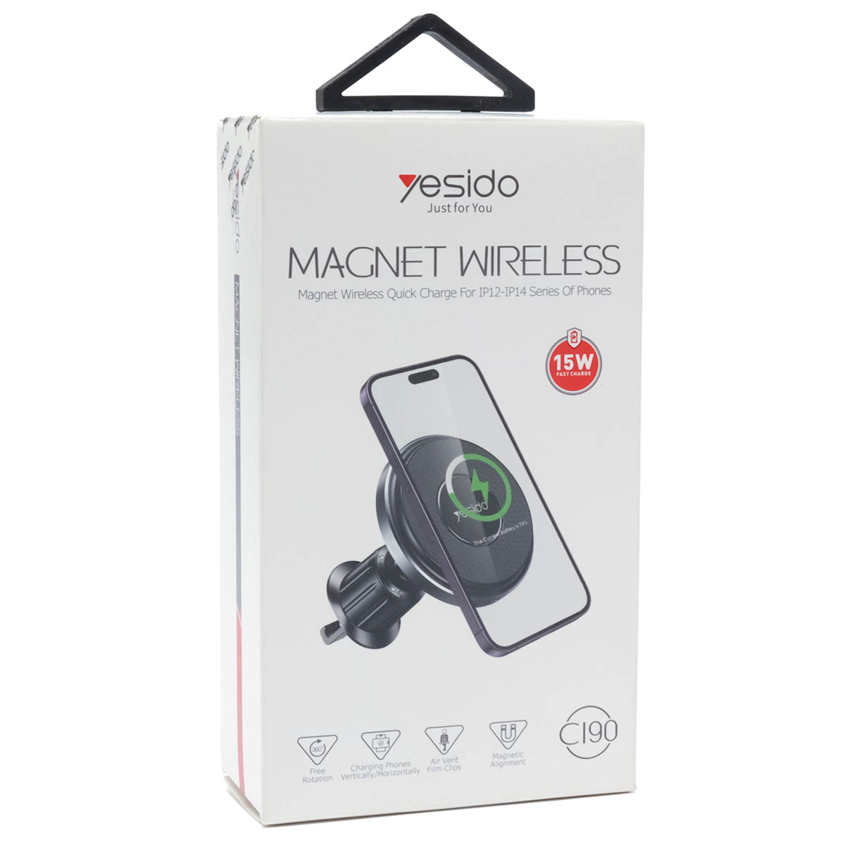 Автомобильный держатель YESIDO C190 с креплением под MagSafe для смартфона, 15W, с беспроводной быстрой зарядкой, цвет черный