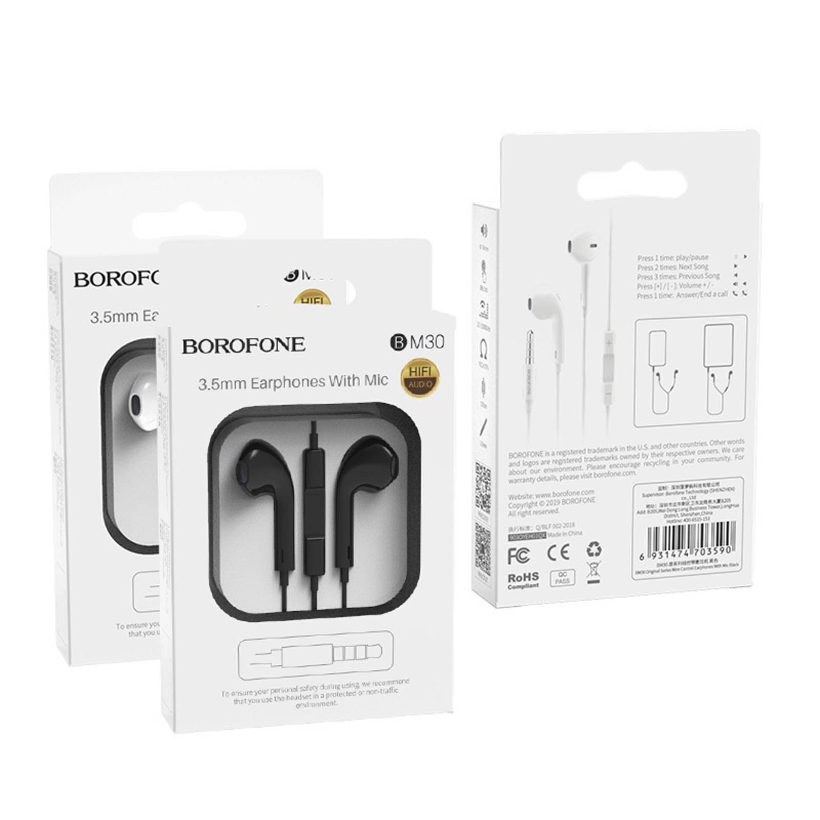 Гарнитура (наушники с микрофоном) проводная, BOROFONE BM30 Original series, цвет черный