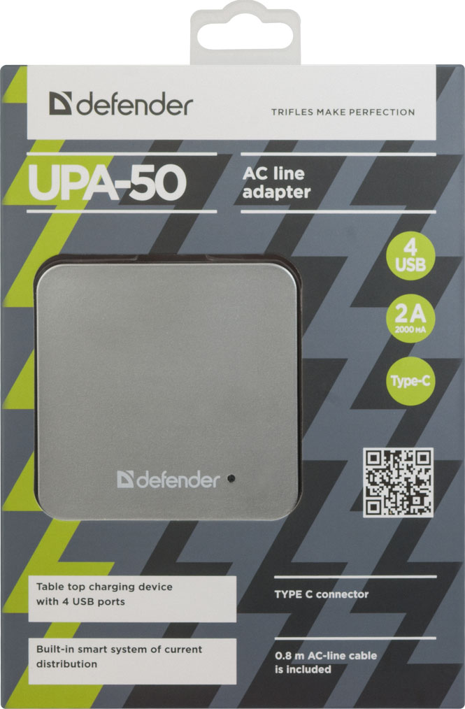 Сетевой адаптер Defender UPA-50 4 порта USB + Type C, 5V / 8A.