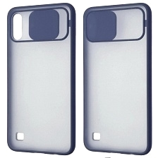 Чехол накладка для SAMSUNG Galaxy A10 (SM-A105), M10 (SM-M105), силикон, пластик, матовый, со шторкой для защиты задней камеры, цвет окантовки темно синий