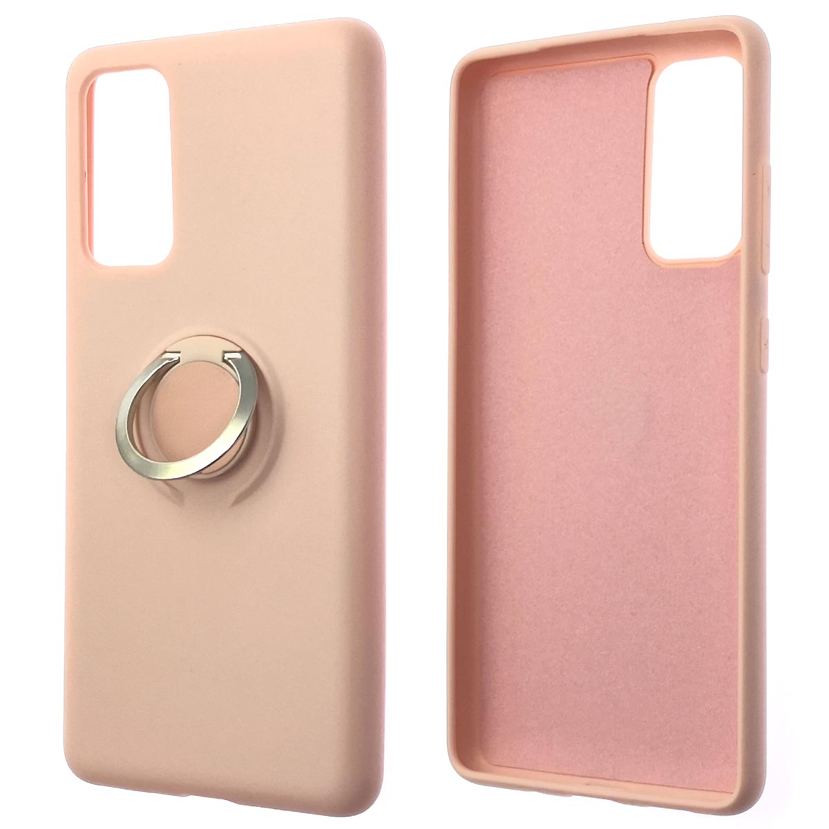 Чехол накладка RING для SAMSUNG Galaxy S20FE, силикон, бархат, кольцо держатель, цвет бледно розовый