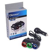 Автомобильный разветвитель OLESSON 1633, 12/24V на 3 выхода, 120W, USB 5V-3.1A, LCD индикация батареи, цвет черный