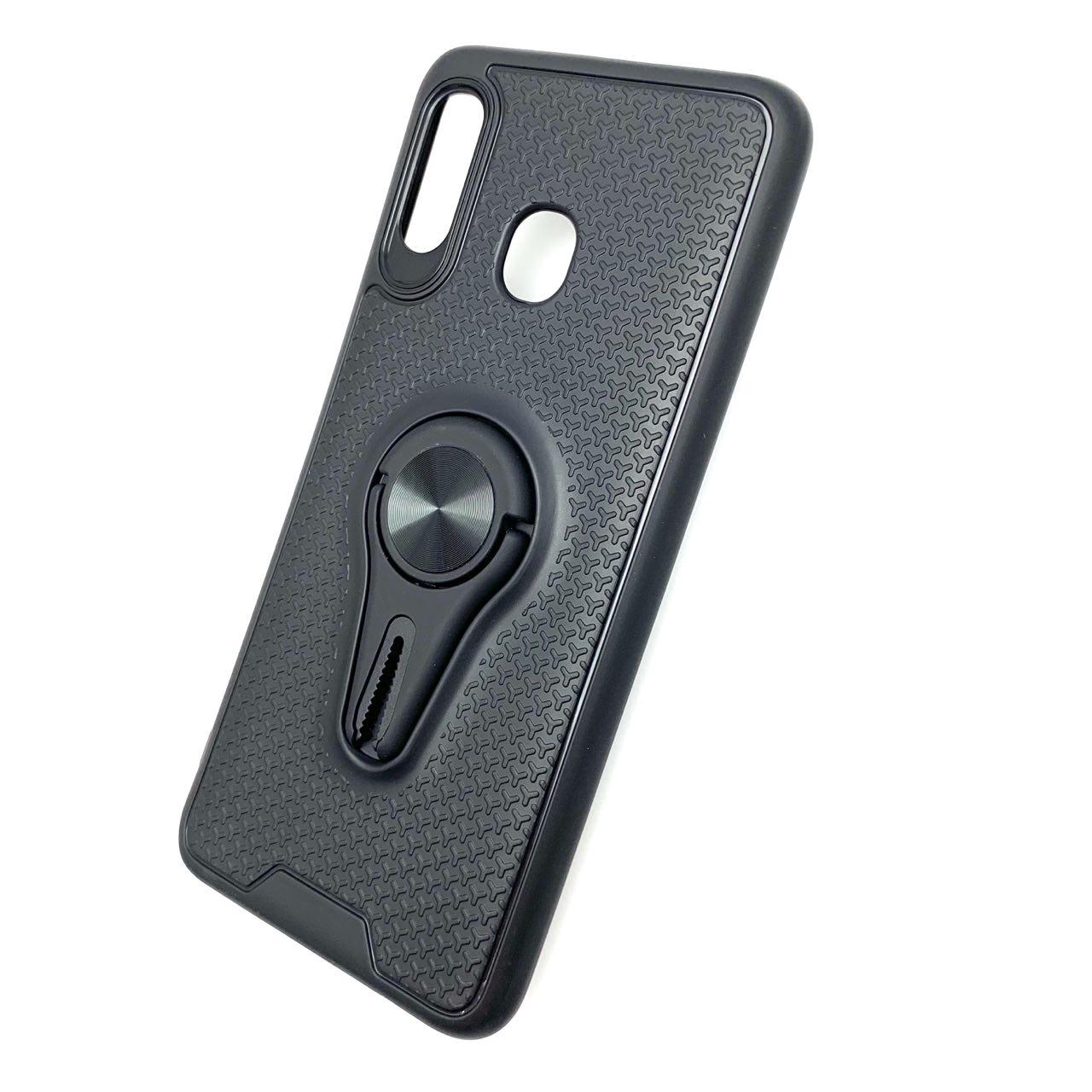 Чехол накладка FC для SAMSUNG Galaxy A20 (SM-A205),силикон, металл, кольцо держатель, цвет черный.
