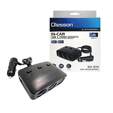 Автомобильный разветвитель OLESSON 1636, 120W 12/24V, 3 выхода прикуривателя, кнопка выключения 3-х прикуривателей, 2 USB входа 5V-1200mA, цвет черный