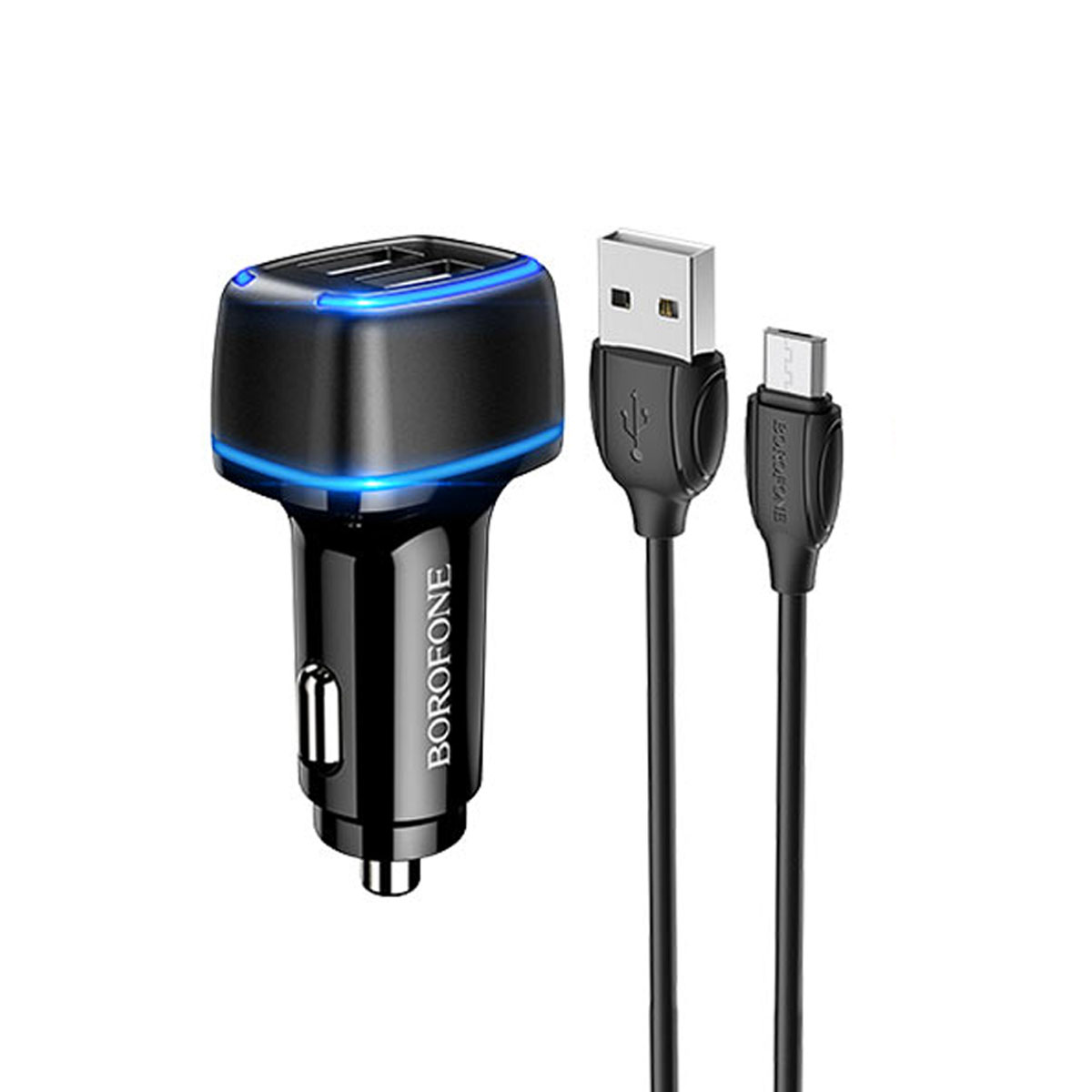 АЗУ (Автомобильное зарядное устройство) BOROFONE BZ14 Max c кабелем Micro USB, 2.4А, 12W, 2 USB, 1 метр, цвет черный